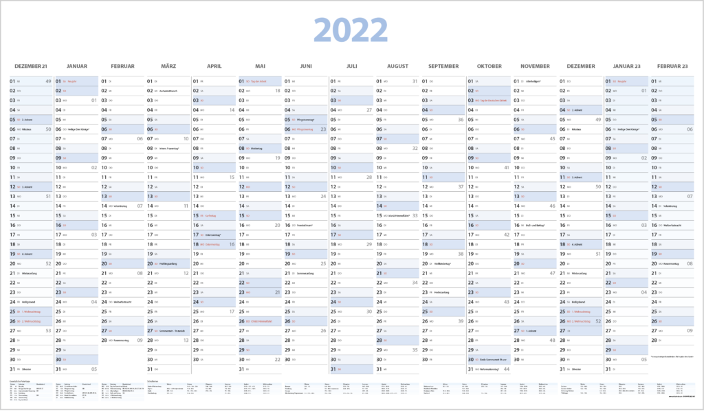 Kalender 2022 Wandplaner mit 15 Monaten und Schulferien
